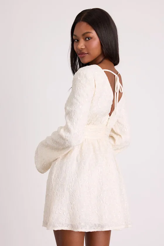 Catarina Ivory Embroidered Sequin Long Sleeve Mini Dress sold by Lulus product image thumbnail 2