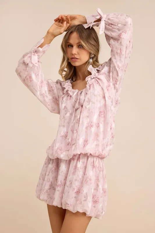 Marcia Blush Pink Floral Ruffled Drop Waist Mini Dress sold by Lulus