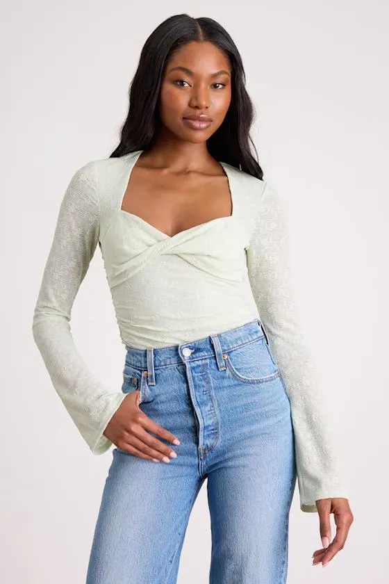 Emada Light Mint Textured Twist-Front Long Sleeve Top sold by Lulus
