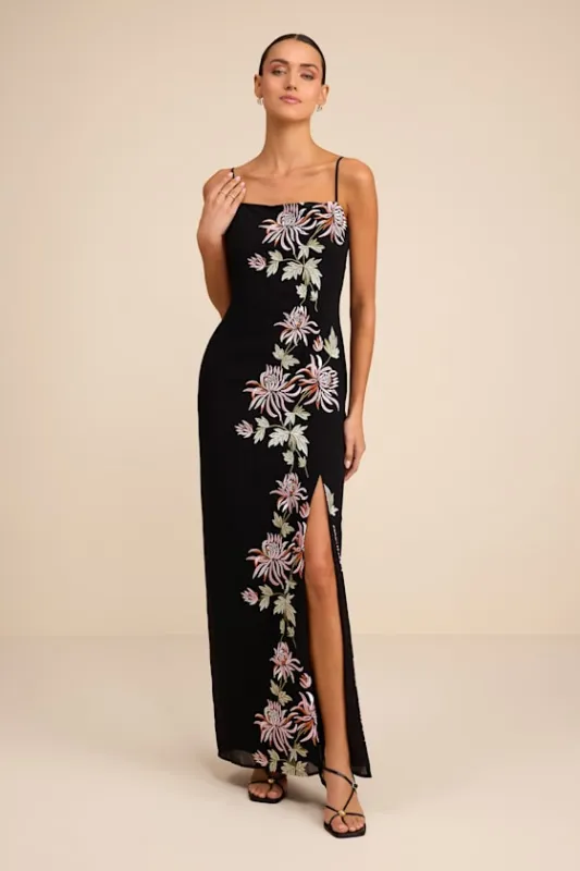 Talisa Black Floral Embroidered Column Maxi Dress sold by Lulus