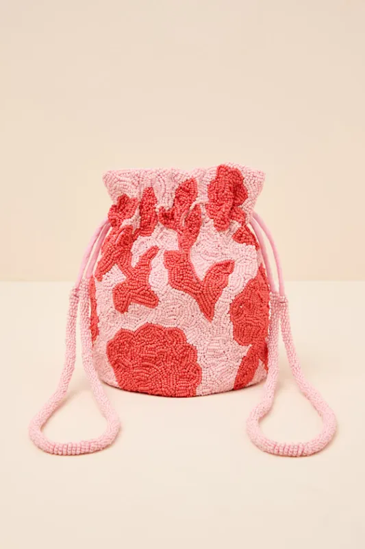 Miridia Pink Multi Floral Beaded Drawstring Bucket Bag sold by Lulus