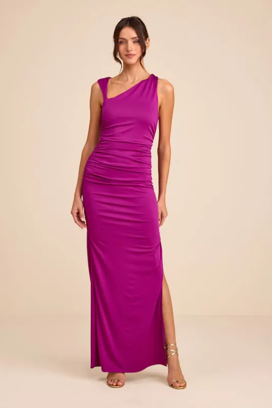 Enticing Darling Magenta Asymmetrical Ruched Maxi Dress sold by Lulus