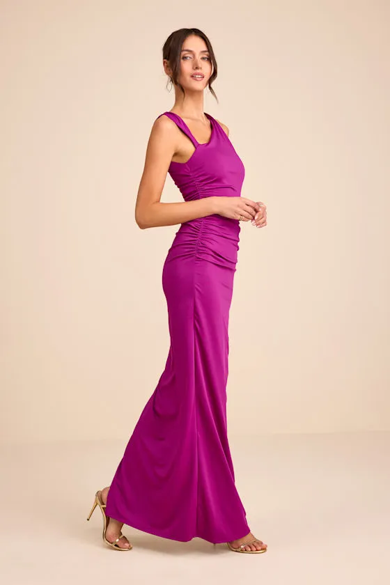 Enticing Darling Magenta Asymmetrical Ruched Maxi Dress sold by Lulus product image thumbnail 4