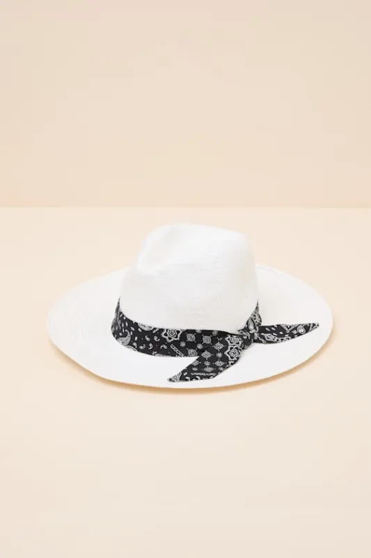Raven White Bandana Woven Straw Fedora Hat sold by Lulus