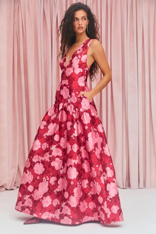 Valna Red Floral Jacquard Drop Waist Maxi Dress sold by Lulus