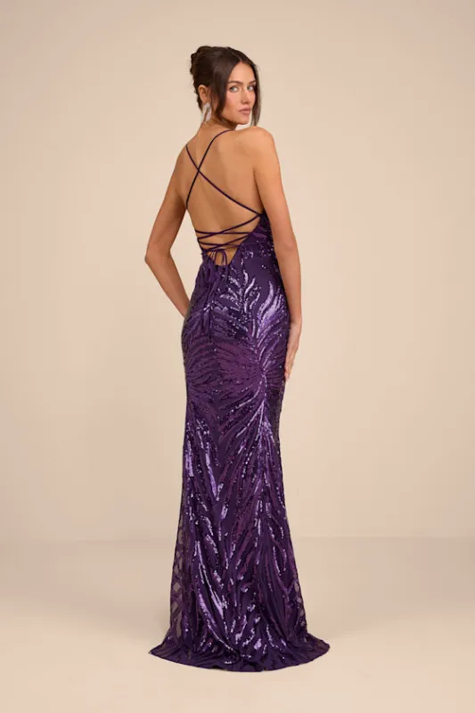 Sparkle 'til Dawn Dark Purple Sequin Lace-Up Mermaid Maxi Dress sold by Lulus