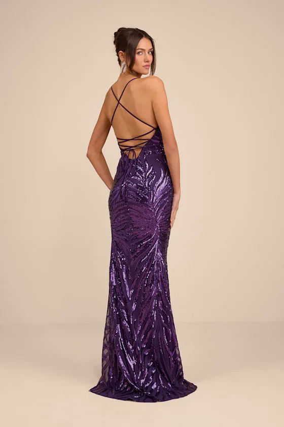 Sparkle 'til Dawn Dark Purple Sequin Lace-Up Mermaid Maxi Dress sold by Lulus