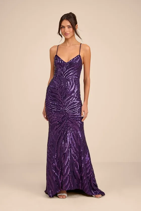 Sparkle 'til Dawn Dark Purple Sequin Lace-Up Mermaid Maxi Dress sold by Lulus product image thumbnail 2