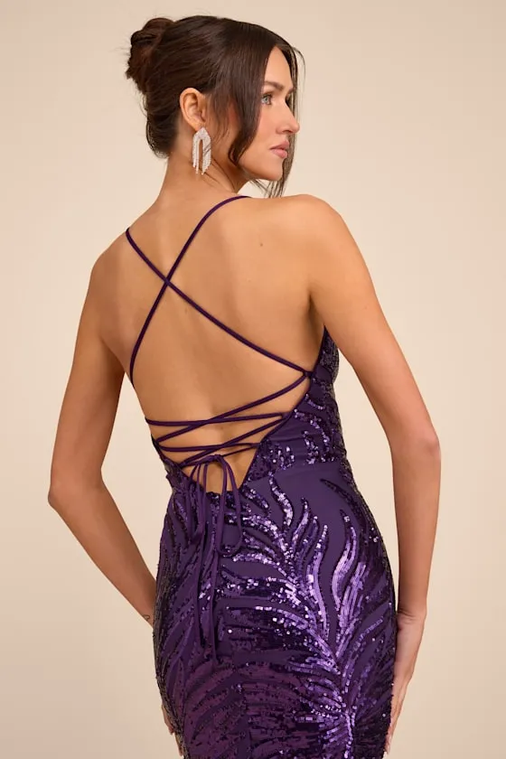 Sparkle 'til Dawn Dark Purple Sequin Lace-Up Mermaid Maxi Dress sold by Lulus product image thumbnail 4