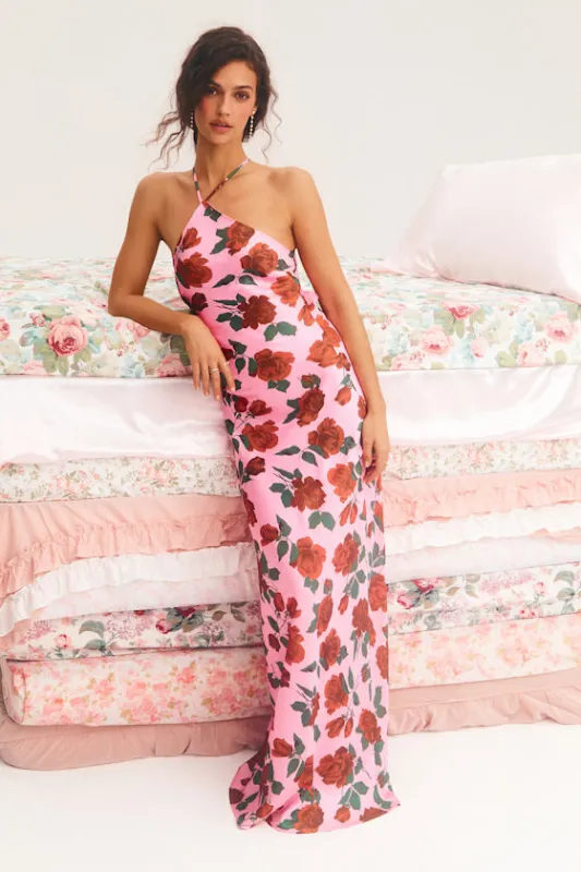 Malito Pink Rose Print Satin Lace-Up Maxi Dress sold by Lulus