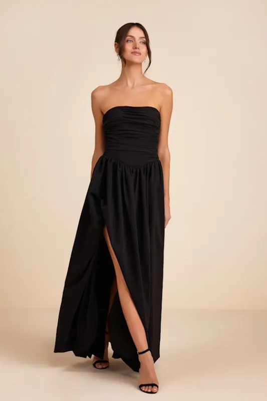 Marilou Black Strapless Ruched Lace-Up Maxi Dress sold by Lulus