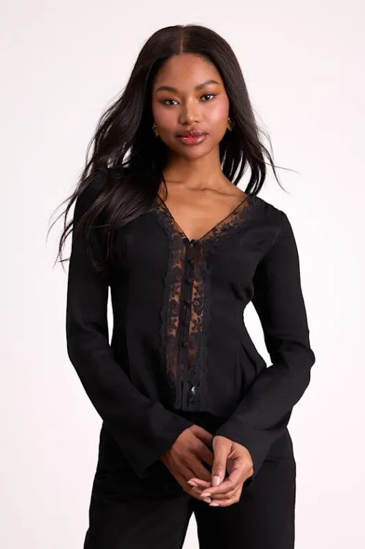 Pomona Black Lace Button-Front Long Sleeve Top sold by Lulus