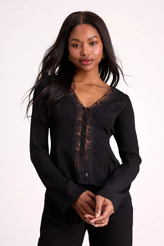 Pomona Black Lace Button-Front Long Sleeve Top sold by Lulus