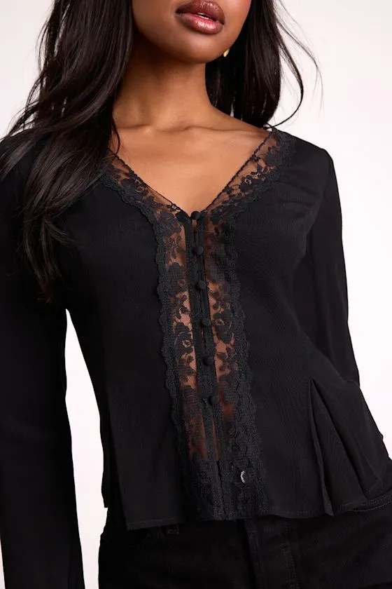 Pomona Black Lace Button-Front Long Sleeve Top sold by Lulus product image thumbnail 4