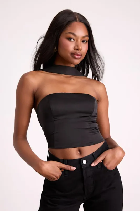 Jassana Black Satin Scarf Crop Top sold by Lulus
