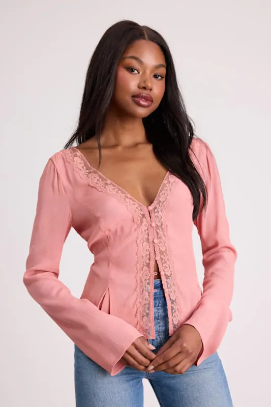 Pomona Pink Lace Button-Front Long Sleeve Top sold by Lulus
