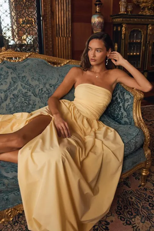 Marilou Light Yellow Strapless Ruched Lace-Up Maxi Dress sold by Lulus