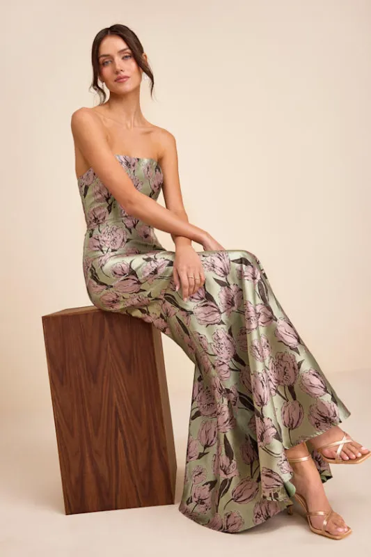 Gowning Around Sage Floral Jacquard Strapless Maxi Dress sold by Lulus