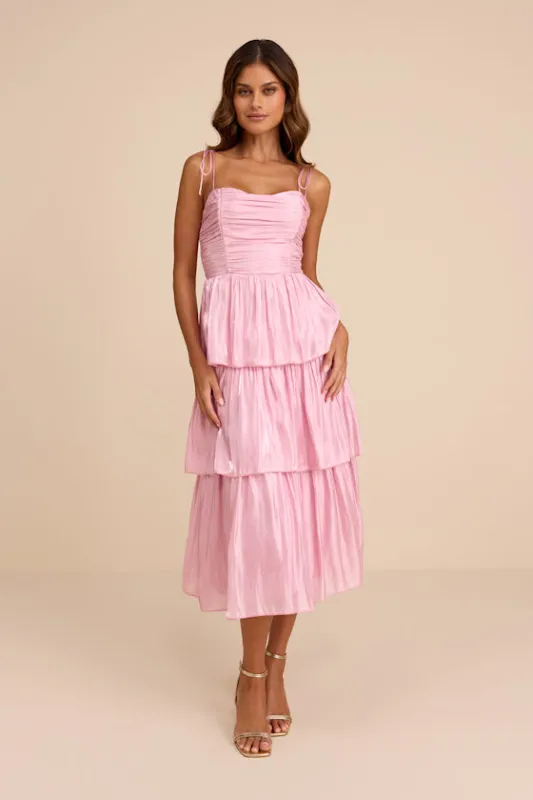 Tennon Light Pink Plisse Tiered Midi Dress sold by Lulus