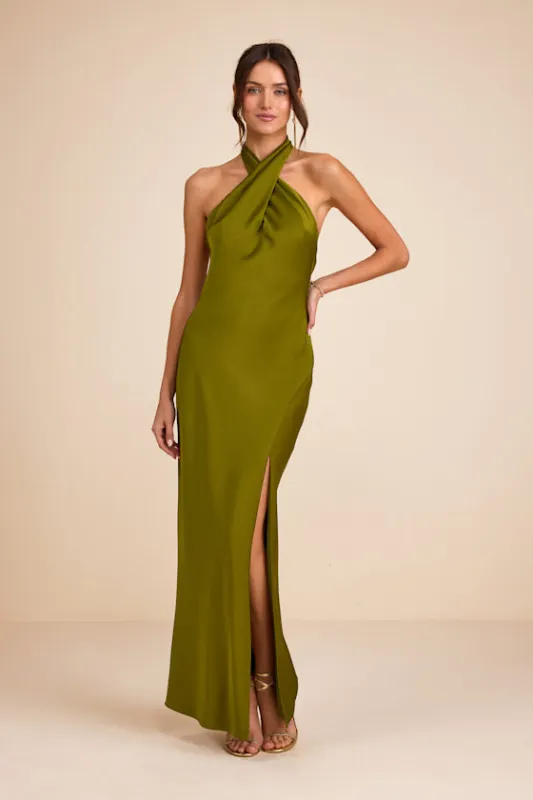 Daney Olive Green Satin Cross-Front Halter Maxi Dress sold by Lulus