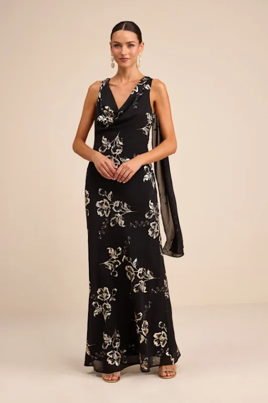 Sidonia Black and Gold Floral Cowl Sash Maxi Dress sold by Lulus
