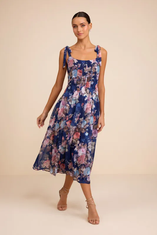 Jodia Navy Multi Floral Pleated Tie-Strap Midi Dress sold by Lulus