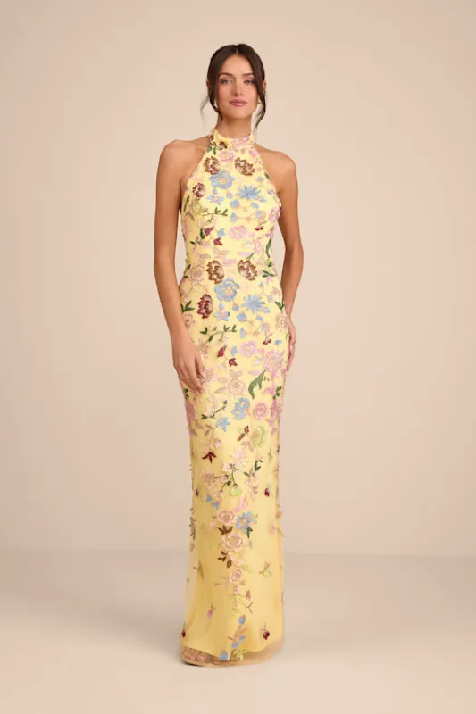 Infinite Praise Yellow 3D Floral Embroidered Halter Maxi Dress sold by Lulus