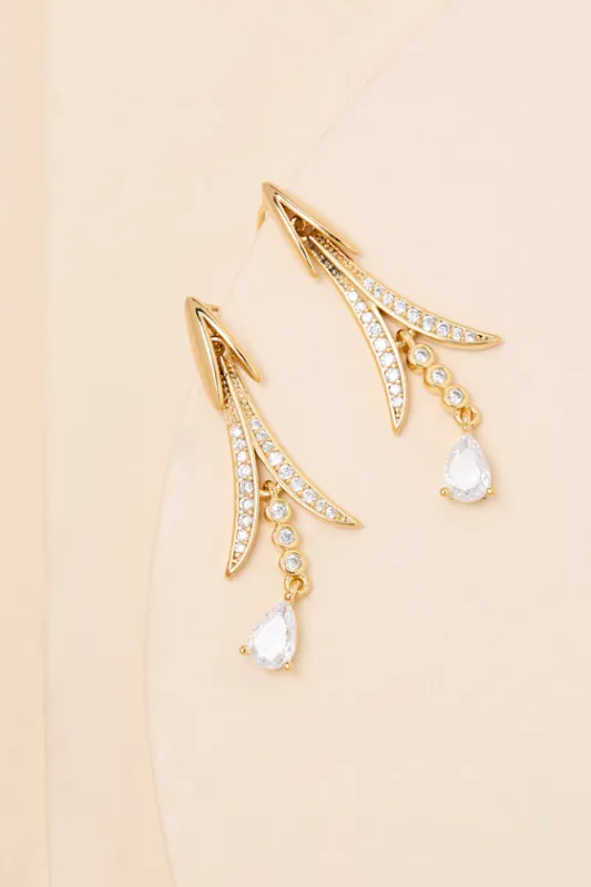 Theria Gold Rhinestone Leaf Drop Earrings sold by Lulus