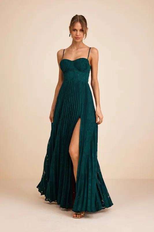 Dacie Emerald Floral Burnout Pleated Bustier Maxi Dress sold by Lulus