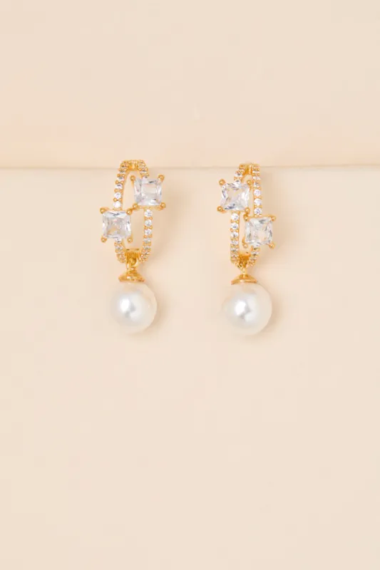 Eberly Gold Rhinestone Pearl Hoop Earrings sold by Lulus