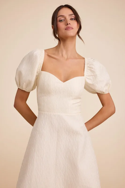 Melly Ivory Textured Jacquard Puff Sleeve Midi Dress sold by Lulus