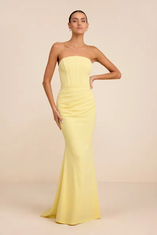 Laney Light Yellow Strapless Corset Maxi Dress sold by Lulus
