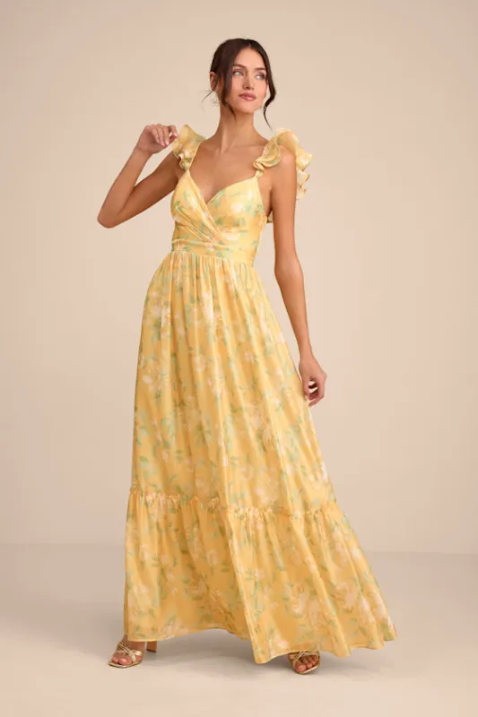 Soiree Perfection Yellow Floral Ruffled Tiered Maxi Dress sold by Lulus