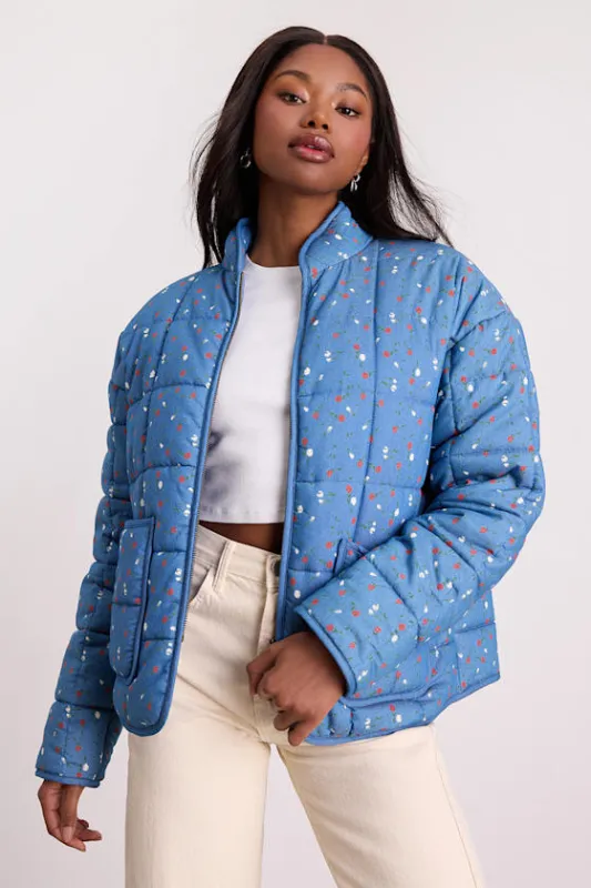 Bundled Perfection Bright Blue Floral Quilted Puffer Jacket sold by Lulus