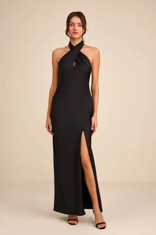 Daney Black Satin Cross-Front Halter Maxi Dress sold by Lulus