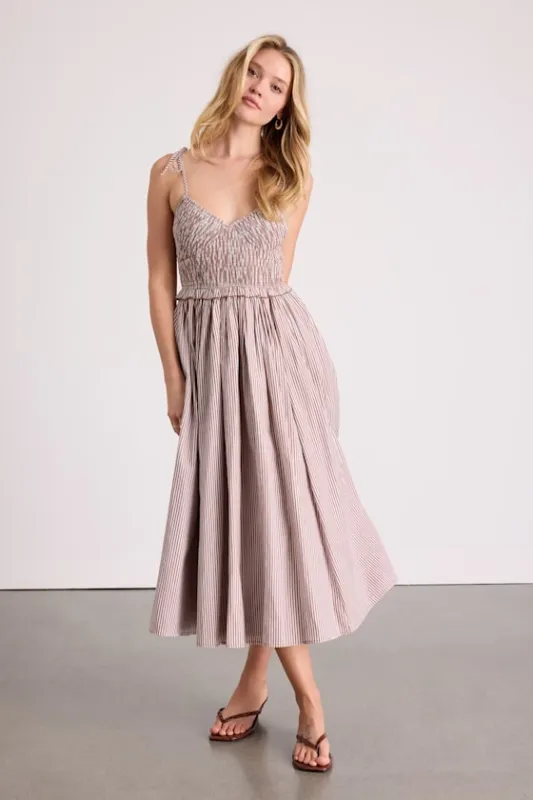 Fanya Brown and White Striped Smocked Midi Dress sold by Lulus