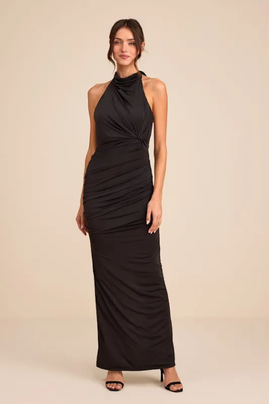 Seraiah Black Knotted Ruched Halter Maxi Dress made by Lulus