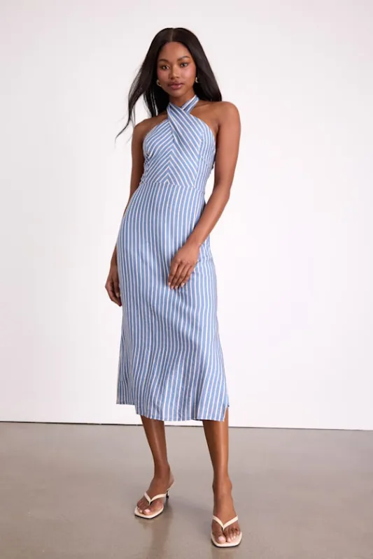 Gratiana Light Blue Striped Cross-Front Halter Midi Dress sold by Lulus