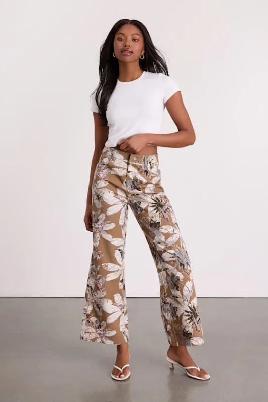 Venesse Light Brown Floral Twill Wide-Leg Pants sold by Lulus