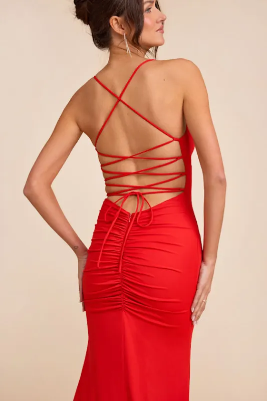 Ronelle Red Slinky Knit Lace-Up Maxi Dress sold by Lulus