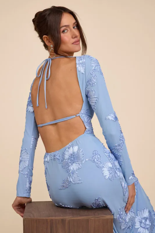 Josephine Light Blue Floral Applique Mesh Maxi Dress sold by Lulus