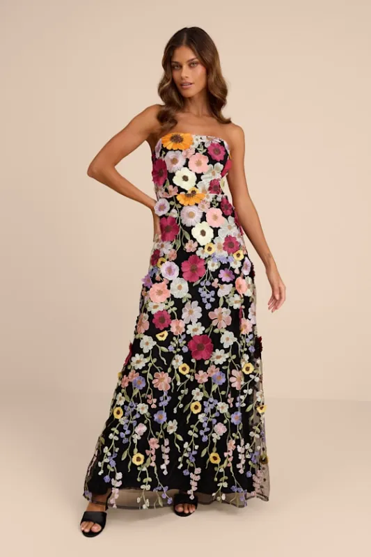 Rosario Black Multi 3D Floral Embroidered Maxi Dress sold by Lulus