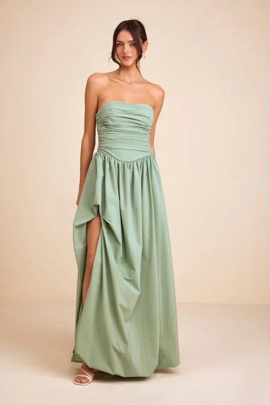 Marilou Sage Green Strapless Ruched Lace-Up Maxi Dress sold by Lulus