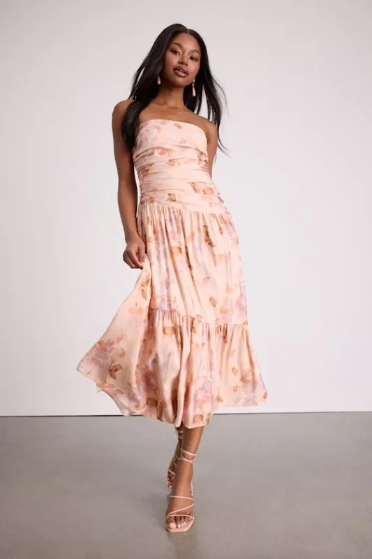 Kristella Blush Floral Strapless Tiered Midi Dress sold by Lulus