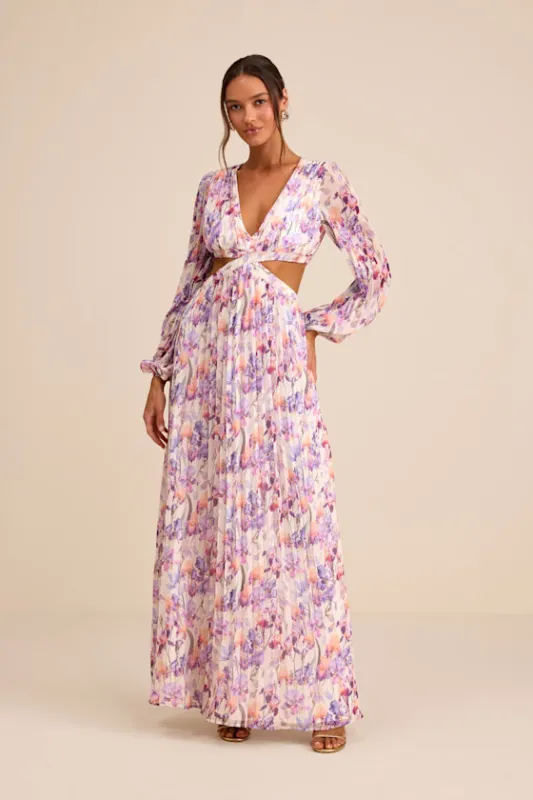 Melea Ivory and Purple Floral Pleated Cutout Maxi Dress sold by Lulus