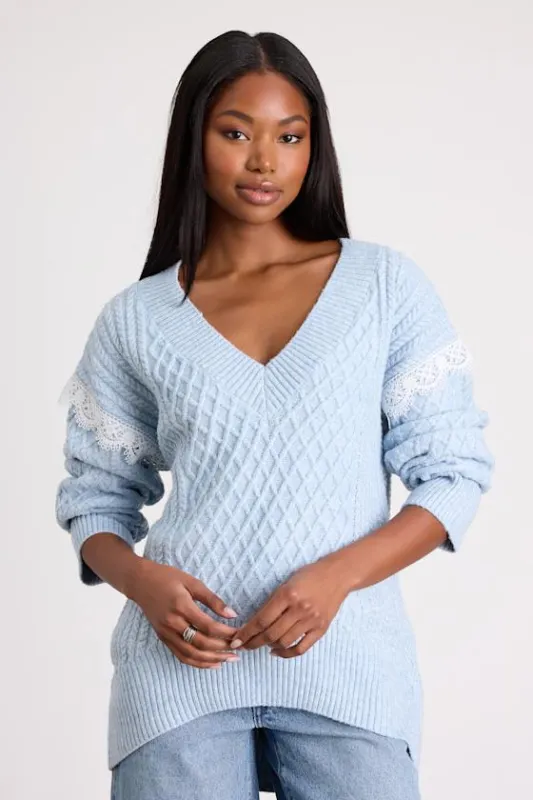 Bobbie Light Blue Marled Cable Knit Sweater sold by Lulus