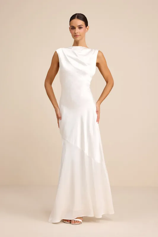 Taniya White Satin Tie-Back Maxi Dress sold by Lulus