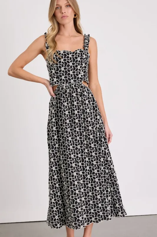 Myka Black Floral Embroidered Cutout Midi Dress sold by Lulus