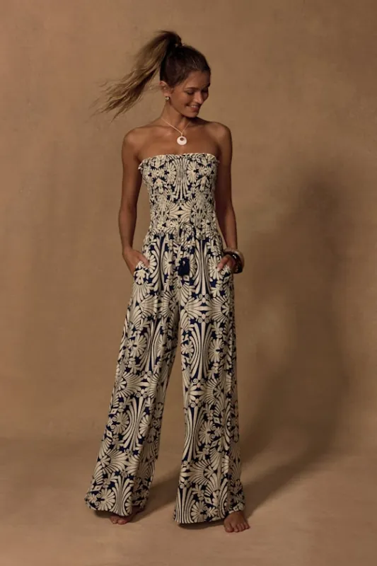 Indie Navy and Ivory Boho Print Wide-Leg Jumpsuit sold by Lulus