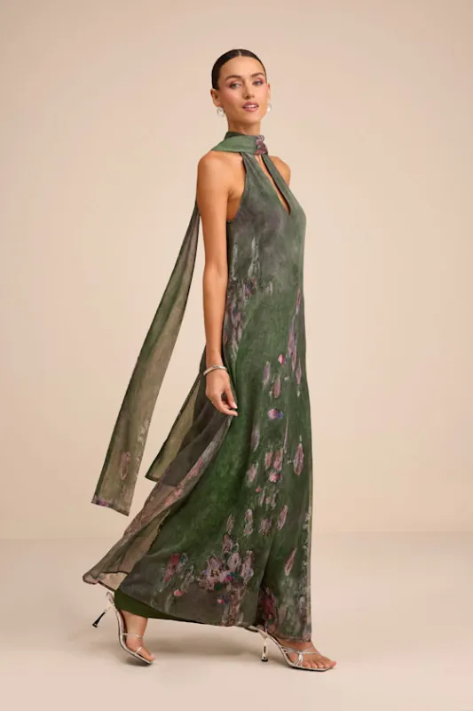 Calixta Green Abstract Chiffon Sash Shift Maxi Dress sold by Lulus